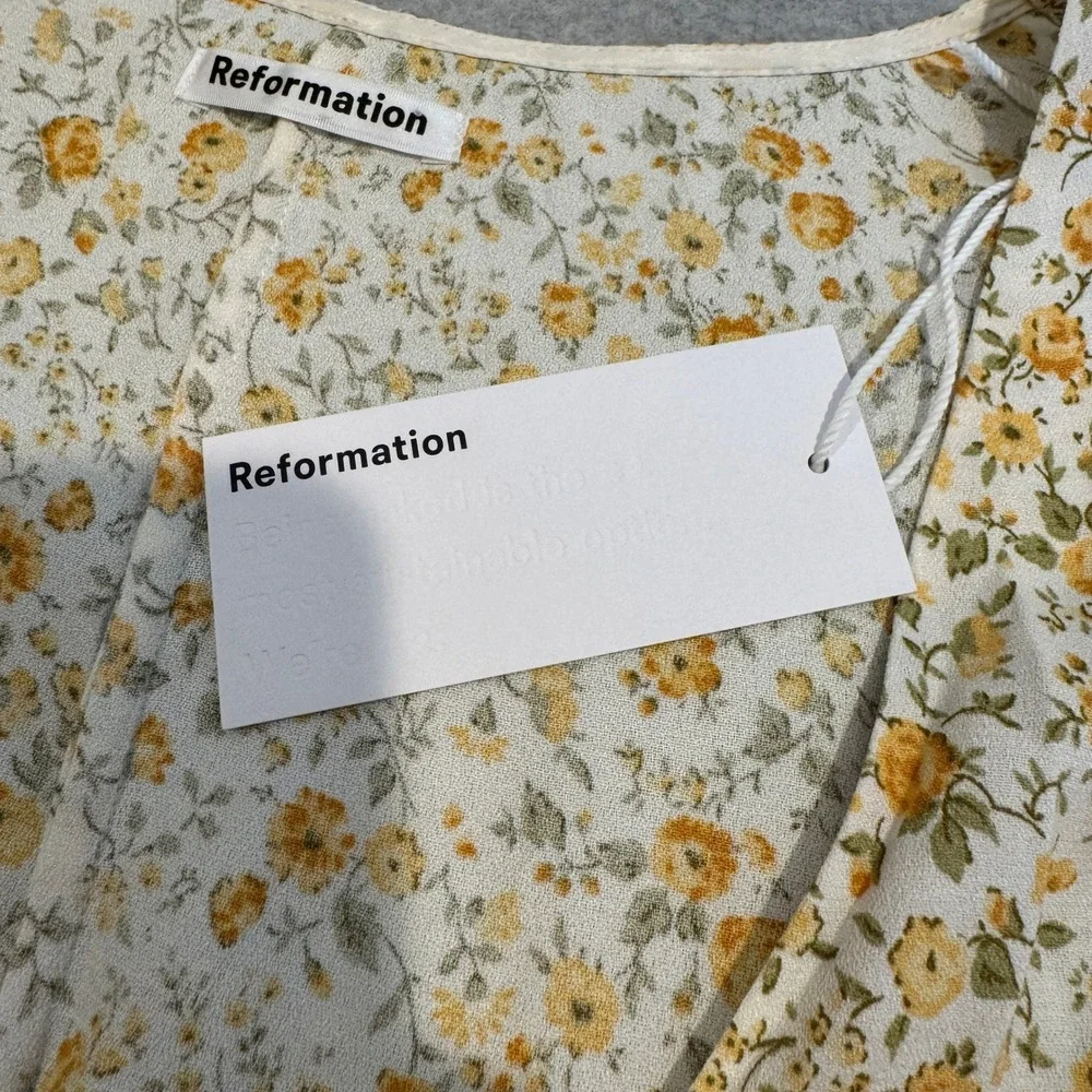 Reformation Floral Long Sleeve Button Front Top White Yellow Small Country NWT